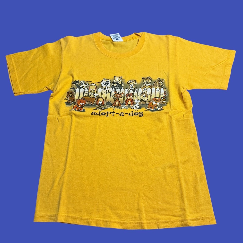 Crazy Shirts Youth Large Yellow Combed Cotton Adopt-A-Dog T Shirt Y2K 2 Sided